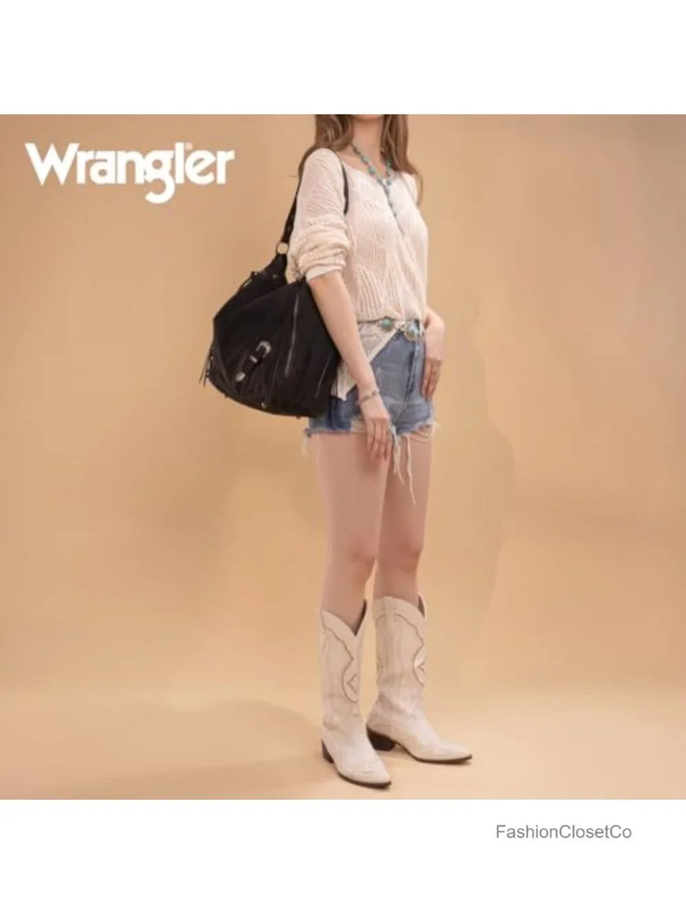 Large Hobo Shoulder Bag with Fringe and Buckles Faux Suede